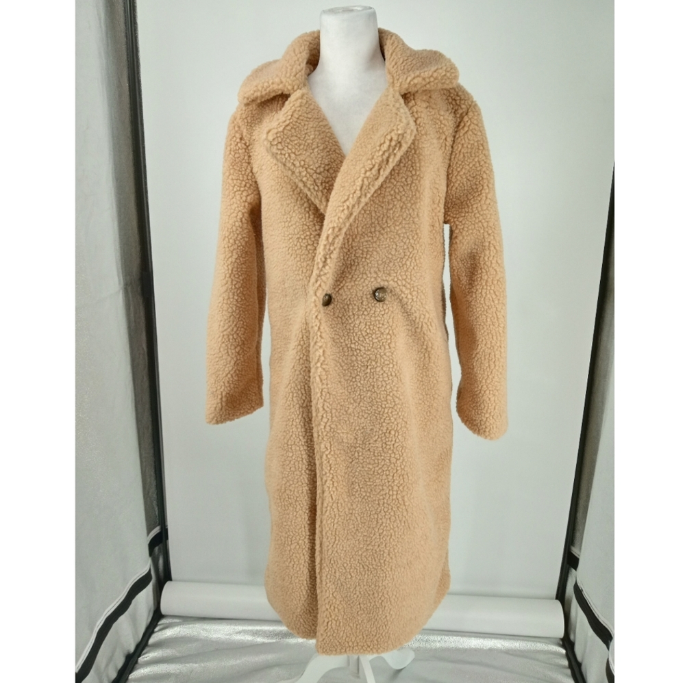 Camel Long Sleeve Loose Fit Double Breasted Long Maxi Teddy Bear Fur Coat - Picture 6 of 12